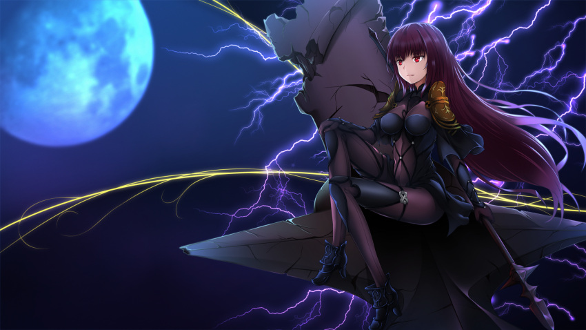 1girl breasts commentary_request covered_navel fate/grand_order fate_(series) full_moon highres kagura_ren large_breasts lightning_bolt long_hair moon pauldrons purple_hair red_eyes ruins scathach_(fate/grand_order) solo