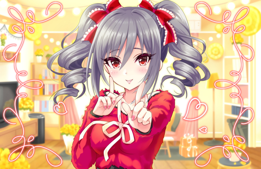 1girl blurry blush commentary_request depth_of_field drill_hair highres idolmaster idolmaster_cinderella_girls index_finger_raised kanzaki_ranko koi_dance long_hair looking_at_viewer red_eyes silver_hair smile solo sweater twin_drills twintails urabi_(tomatohouse)