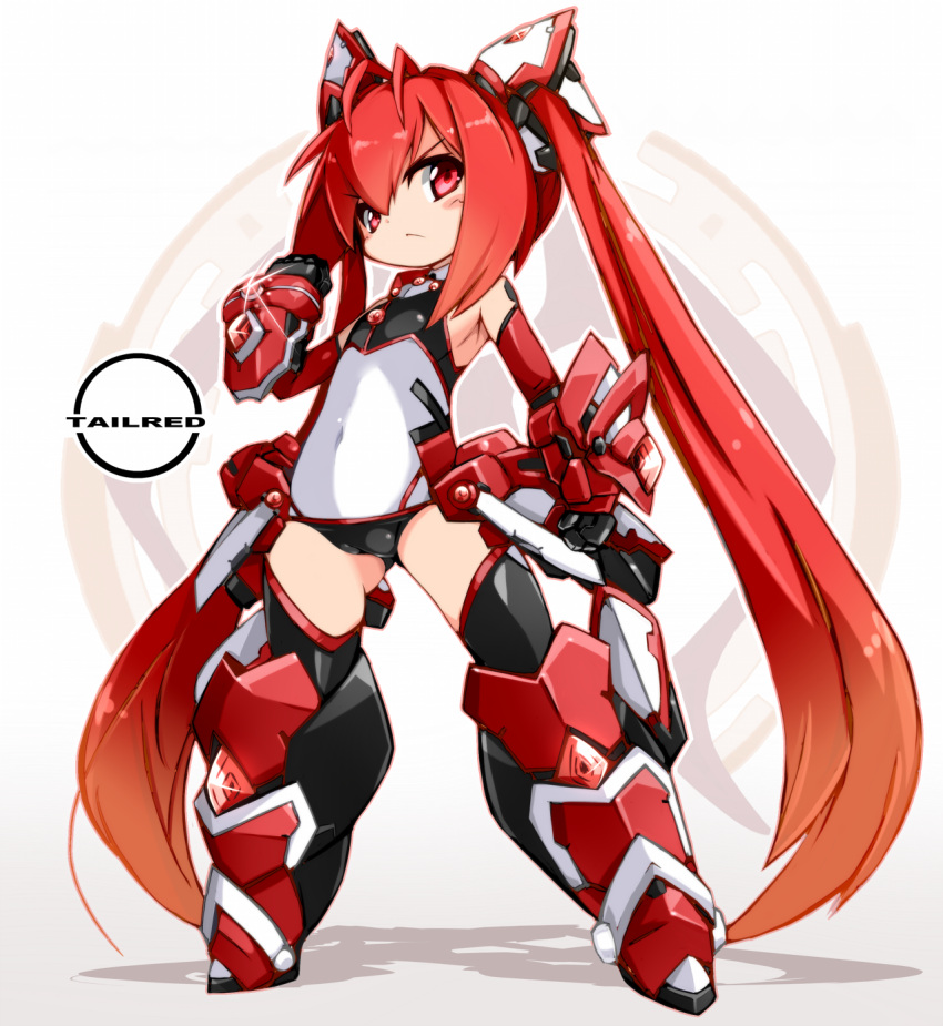 1girl antenna_hair armpits black_legwear character_name clenched_hand closed_mouth elbow_gloves flat_chest frown full_body gauntlets genderswap genderswap_(mtf) gloves gradient_hair highres karukan_(monjya) leotard long_hair looking_at_viewer mecha_musume metal_boots multicolored_hair orange_hair ore_twintail_ni_narimasu red_eyes redhead serious solo standing tailred thigh-highs twintails