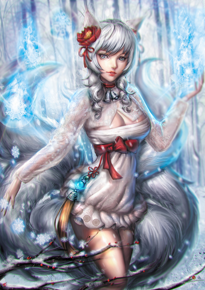 1girl absurdres ahri animal_ears bangs bare_tree bell blue_eyes branch breasts cleavage curly_hair detached_sleeves dress eyelashes facial_mark flower forest fox_ears fox_tail frilled_dress frills grey_eyes hair_flower hair_ornament highres jewelry korean_clothes lace large_breasts league_of_legends lens_flare long_hair long_sleeves looking_at_viewer magic motion_blur multiple_tails nature necklace outdoors red_ribbon ribbon sangrde sash see-through snowflakes snowing solo strapless strapless_dress tail tassel textless tree whisker_markings white_dress winter yellow_eyes