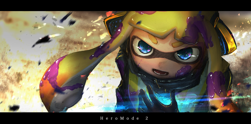 1girl blonde_hair blue_eyes check_commentary commentary_request english explosion female_inkling gloves headgear highres inkling kashu_(hizake) letterboxed long_hair looking_at_viewer open_mouth paint_splatter portrait solo splatoon squidbeak_splatoon vest