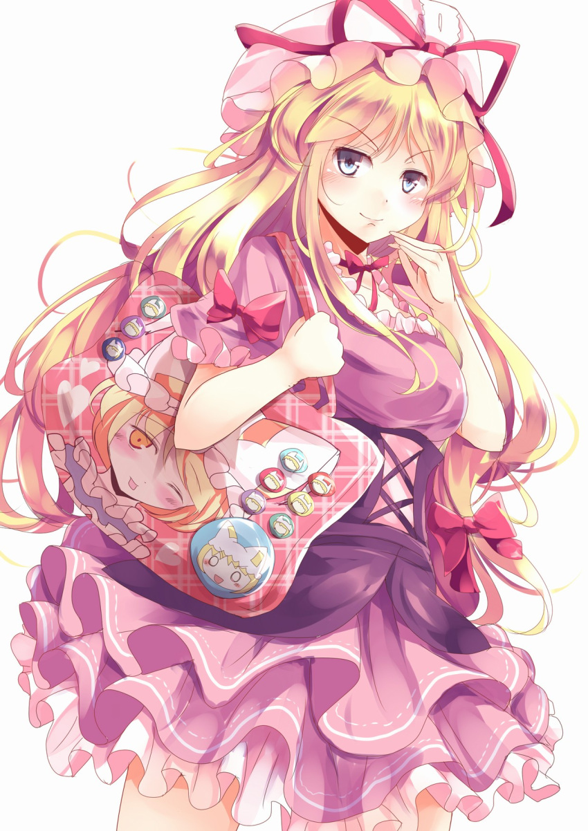 1girl :d adapted_costume alternate_eye_color bag bangs blonde_hair blue_eyes blush bow character_pin character_print choker corset cowboy_shot dress finger_to_mouth frilled_dress frills from_side hair_bow handbag hat hat_ribbon heart heart_print highres kanzakietc long_hair looking_at_viewer mob_cap o_o one_eye_closed open_mouth pillow_hat puffy_short_sleeves puffy_sleeves purple_dress reflective_eyes ribbon ribbon_choker shiny shiny_hair shiny_skin short_dress short_hair short_sleeves sidelocks simple_background sketch smile solid_circle_eyes solo tongue tongue_out touhou very_long_hair white_background yakumo_ran yakumo_yukari