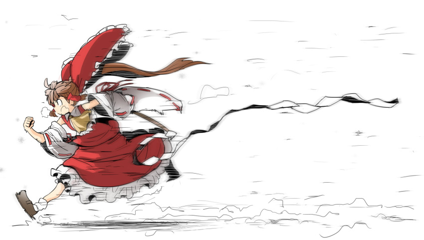 1girl ascot bow breath brown_hair brown_shoes detached_sleeves frilled_bow frilled_skirt frills from_side gohei hair_bow hair_tubes hakurei_reimu highres large_bow long_hair long_ponytail motion_blur motion_lines red_shirt red_skirt ribbon-trimmed_sleeves ribbon_trim running shirt shoes simple_background skirt sleeveless sleeveless_shirt solo touhou usagi_(touhopu2) very_long_hair white_background white_legwear wide_sleeves