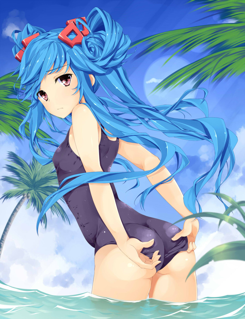 1girl adjusting_clothes adjusting_swimsuit ass beatmania beatmania_iidx bemani black_swimsuit blue_hair day hair_ornament hair_rings highres jubeat long_hair looking_at_viewer looking_back maud one-piece_swimsuit palm_tree partially_submerged red_eyes sky solo swimsuit tree tries twintails very_long_hair water