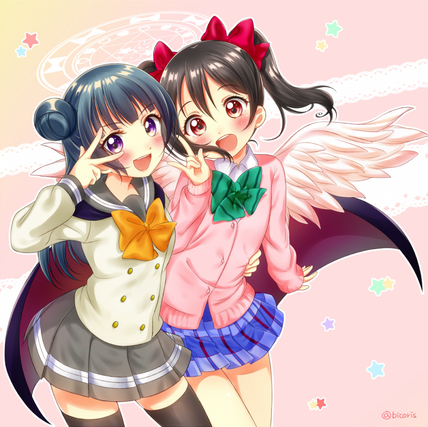 2girls \m/ bico_(bicoris) black_hair black_legwear blue_hair blush bow cape cardigan hair_bow hair_bun highres long_hair looking_at_viewer love_live! love_live!_school_idol_project love_live!_sunshine!! magic_circle multiple_girls open_mouth red_eyes school_uniform serafuku smile star thigh-highs tsushima_yoshiko twintails v violet_eyes yazawa_nico