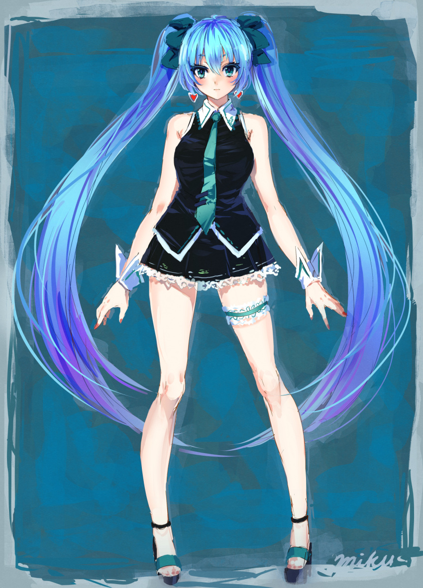 1girl aqua_eyes blue_hair character_name cibo_(killy) earrings full_body garters hatsune_miku highres jewelry long_hair necktie solo twintails very_long_hair vocaloid