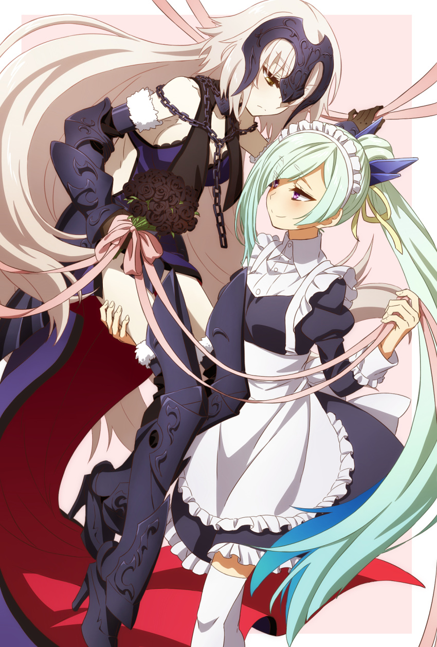 2girls armor bare_shoulders blonde_hair blush fate/grand_order fate/prototype fate/prototype:_fragments_of_blue_and_silver fate_(series) hair_over_one_eye highres jeanne_alter lancer_(fate/prototype_fragments) long_hair maid multiple_girls oiun ponytail ruler_(fate/apocrypha) short_hair silver_hair smile very_long_hair yellow_eyes yuri