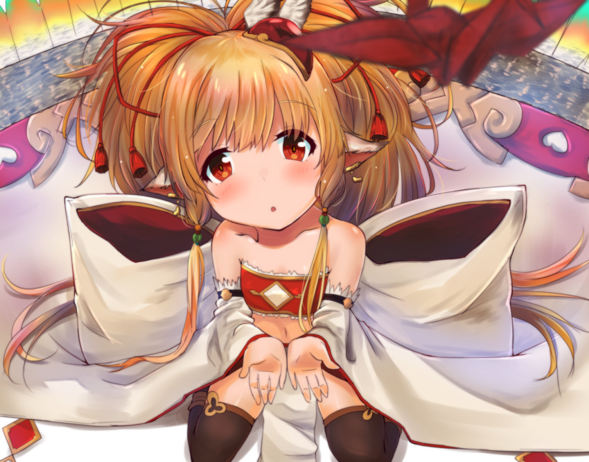 1girl animal_ears bandeau bangs bare_shoulders black_legwear blonde_hair breasts collarbone detached_sleeves earrings feathers from_above granblue_fantasy hair_ornament highres jewelry long_hair looking_at_viewer makira_(granblue_fantasy) midriff navel open_mouth rain_yadori red_eyes sitting small_breasts solo thigh-highs wide_sleeves