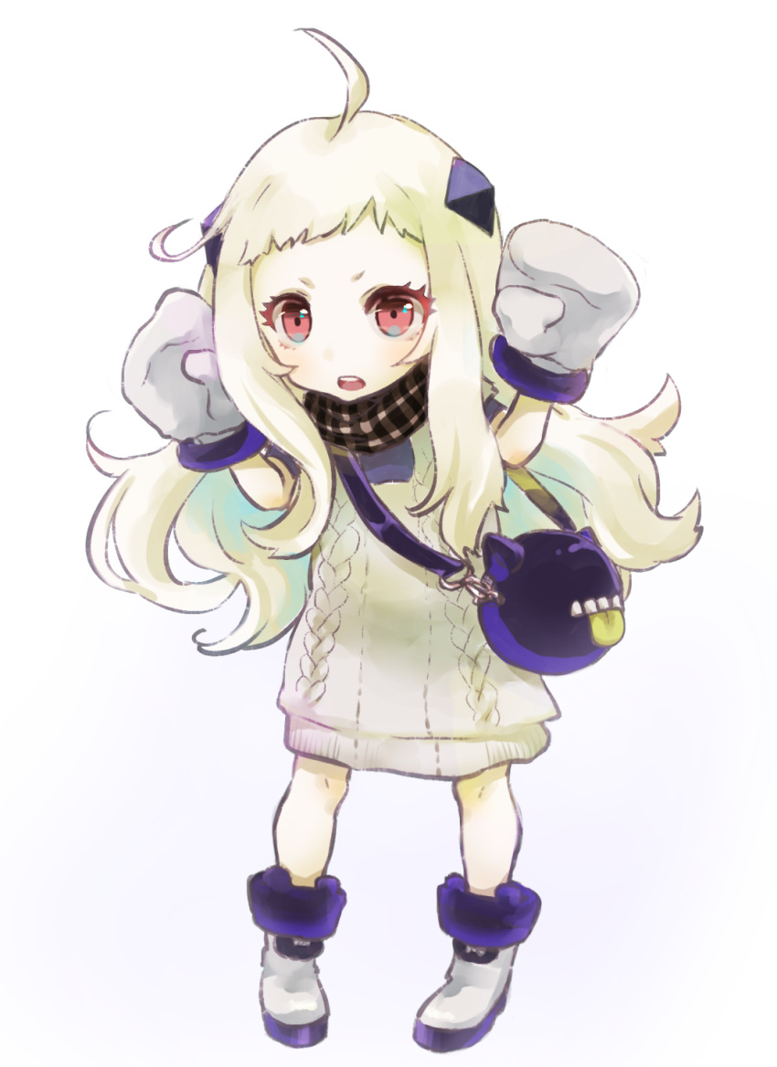 1girl :p ahoge alternate_costume arms_up bag checkered_scarf enemy_aircraft_(kantai_collection) handbag highres horns kantai_collection long_hair looking_at_viewer mittens monster northern_ocean_hime nuno_(pppompon) open_mouth pale_skin red_eyes scarf shinkaisei-kan solo sweater tongue tongue_out white_hair