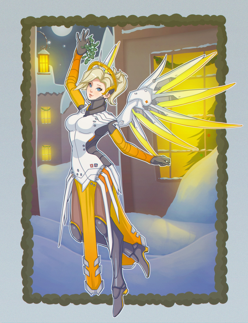 1girl blonde_hair blue_eyes bodysuit breasts brown_legwear building faulds floating full_body full_moon glowing glowing_wings hair_tie high_ponytail highres light_smile looking_at_viewer mechanical_halo mechanical_wings medium_breasts mercy_(overwatch) moon night night_sky nose outdoors overwatch pelvic_curtain polkin pose sky snow solo spread_wings window wings yellow_wings