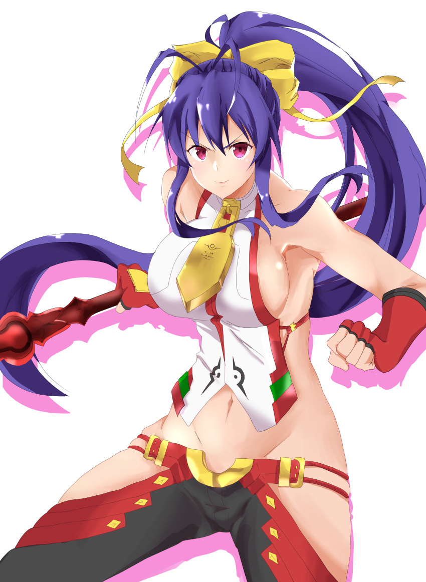 &gt;:) 1girl absurdres antenna_hair backless_outfit bangs bare_shoulders black_pants blazblue blazblue:_central_fiction blazblue_variable_heart blue_hair boots bow breasts clenched_hand closed_mouth fingerless_gloves genderswap genderswap_(mtf) gloves hair_between_eyes hair_bow halter_top halterneck highres holding holding_weapon large_breasts long_hair looking_at_viewer lowleg lowleg_pants mai_natsume midriff navel no_bra no_panties outseal pants polearm ponytail red_gloves revealing_clothes ribbon sideboob sidelocks smile solo spear standing thighs ume_tetu very_long_hair violet_eyes weapon white_background yellow_bow