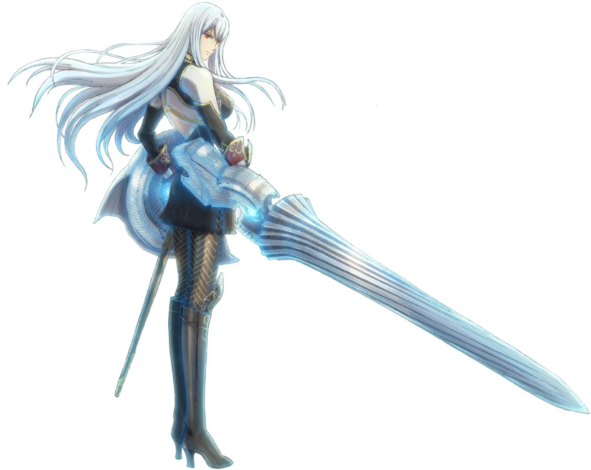 1girl boots detached_sleeves full_body high_heels holding holding_weapon honjou_raita lance long_hair military official_art polearm red_eyes selvaria_bles senjou_no_valkyria senjou_no_valkyria_1 shield silver_hair solo standing transparent_background weapon