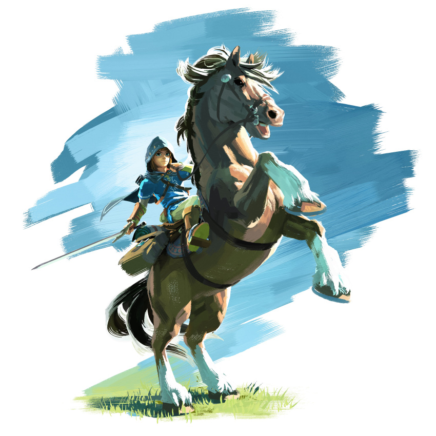 1boy absurdres artist_request bag behind_back black_eyes blonde_hair blue_background blue_cape boots brown_boots cape cloak closed_mouth epona faux_figurine grass green_eyes highres holding holding_sword holding_weapon hood hooded_cloak horse horseback_riding knee_boots link looking_at_viewer male_focus official_art open_mouth pants plant riding saddle sheath simple_background sitting sitting_on_animal straddling sword the_legend_of_zelda the_legend_of_zelda:_breath_of_the_wild unsheathed upright_straddle weapon white_pants