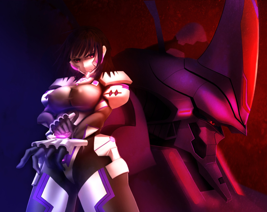 1girl adjusting_clothes armor ayamine_kei black_bodysuit black_hair bodysuit bodysuit_pull breasts cleavage closed_mouth commentary_request cowboy_shot from_below frown furrowed_eyebrows glowing large_breasts looking_to_the_side mecha mirai_(sax) muvluv muvluv_alternative pauldrons perspective pilot_suit pulled_by_self short_hair skin_tight solo standing takemikaduchi taut_clothes violet_eyes