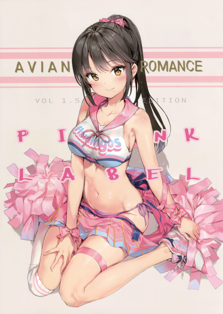 1girl absurdres anmi black_hair bow breasts brown_hair cheerleader crop_top hair_bow hand_on_own_thigh highres large_breasts long_hair looking_at_viewer midriff mole mole_under_mouth navel no_socks original panties pom_poms ponytail purple_panties ribbon sailor_collar scan shiny shiny_skin shoes side-tie_panties single_thighhigh sitting skirt skirt_pull smile sneakers solo thigh-highs thigh_ribbon underwear wariza white_legwear wrist_ribbon yellow_eyes