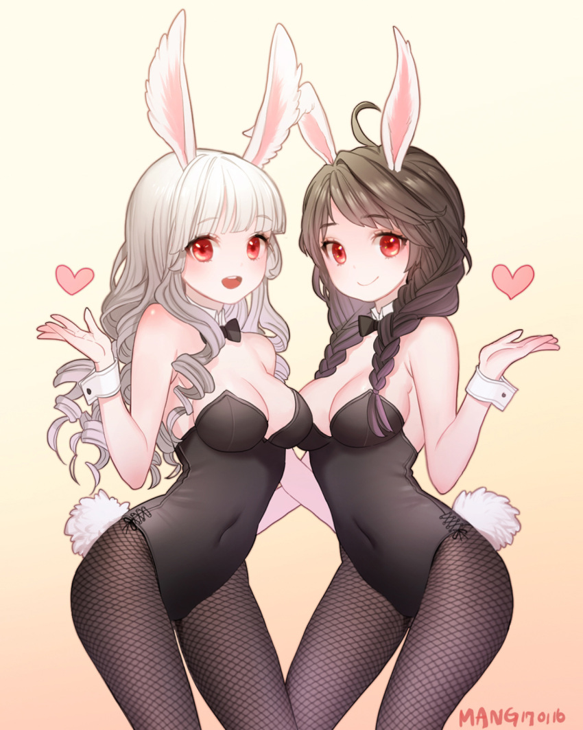 2girls animal_ears bare_shoulders black_hair black_legwear braid breasts bunnysuit cleavage covered_navel curly_hair detached_collar elin_(tera) fishnet_pantyhose fishnets highres leotard long_hair multiple_girls open_mouth pantyhose rabbit_ears red_eyes smile tail tera_online twin_braids twintails white_hair wrist_cuffs