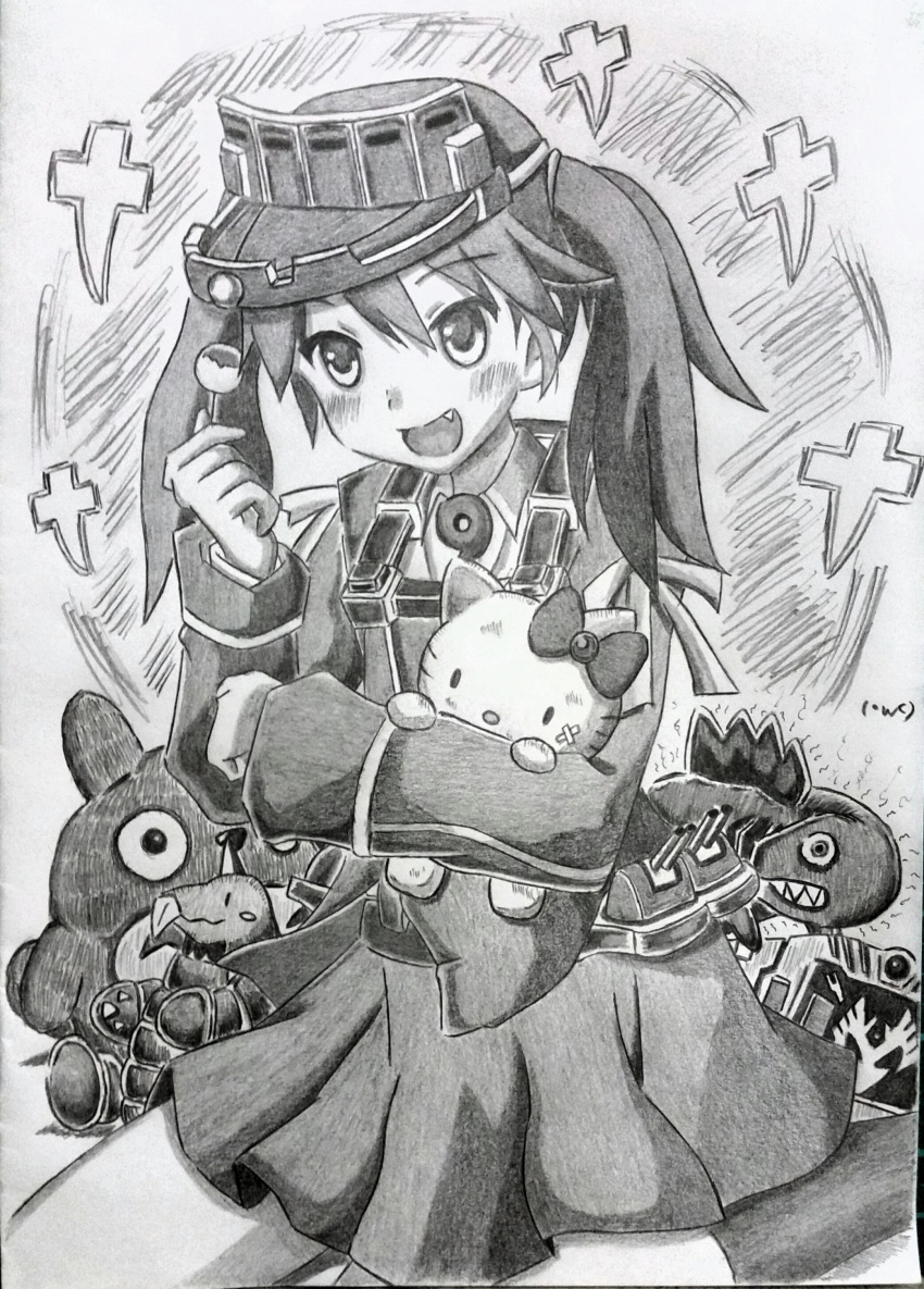 1girl absurdres bandage bow candy cannon character_doll crossover fang food graphite_(medium) greyscale hello_kitty highres holding_doll japanese_clothes kantai_collection kariginu koutetunamekuji lollipop magatama monochrome onmyouji open_mouth photo pleated_skirt ryuujou_(kantai_collection) shikigami signature sitting skirt smile solo tonari_no_totoro totoro traditional_media twintails visor_cap