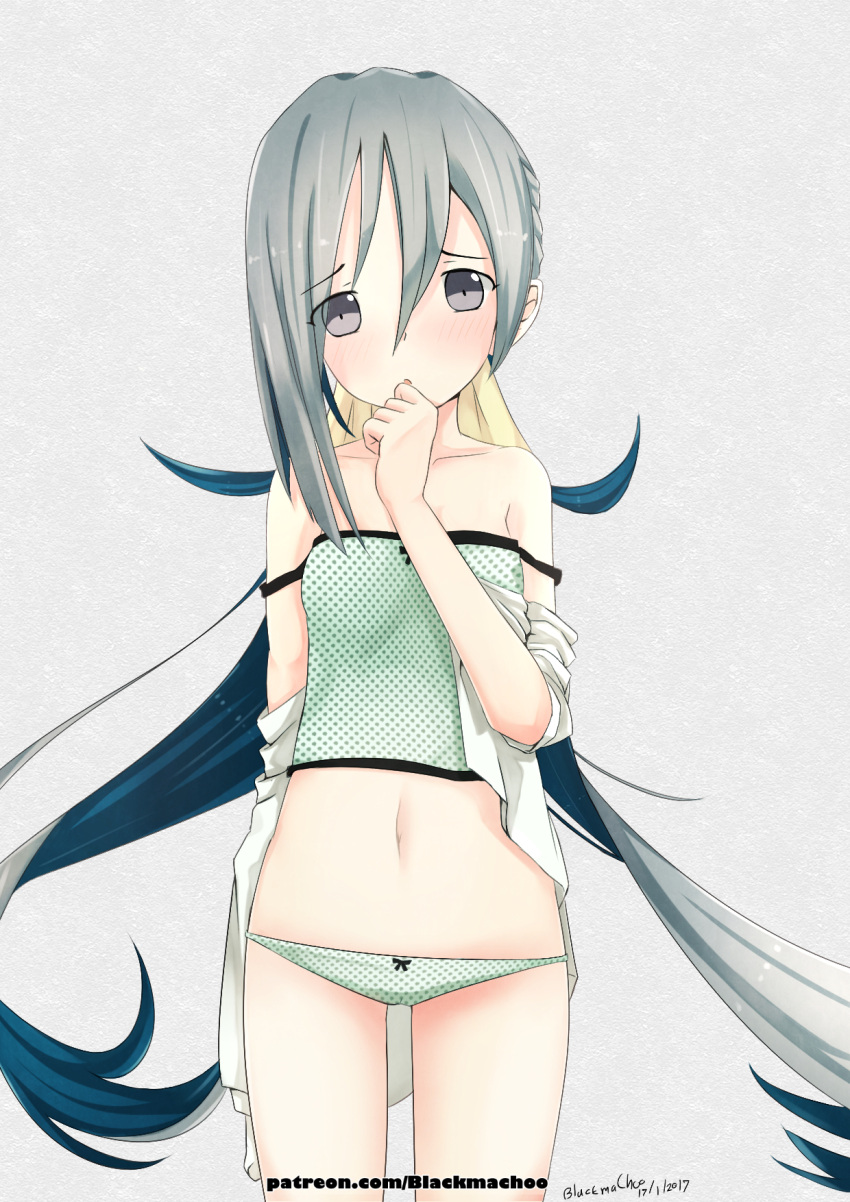 1girl 2017 blackma_(pagus0012) blonde_hair blue_hair blush bow bow_panties camisole dated grey_eyes grey_hair highres kantai_collection kiyoshimo_(kantai_collection) long_hair low_twintails multicolored_hair navel panties signature solo strap_slip twintails underwear very_long_hair watermark web_address