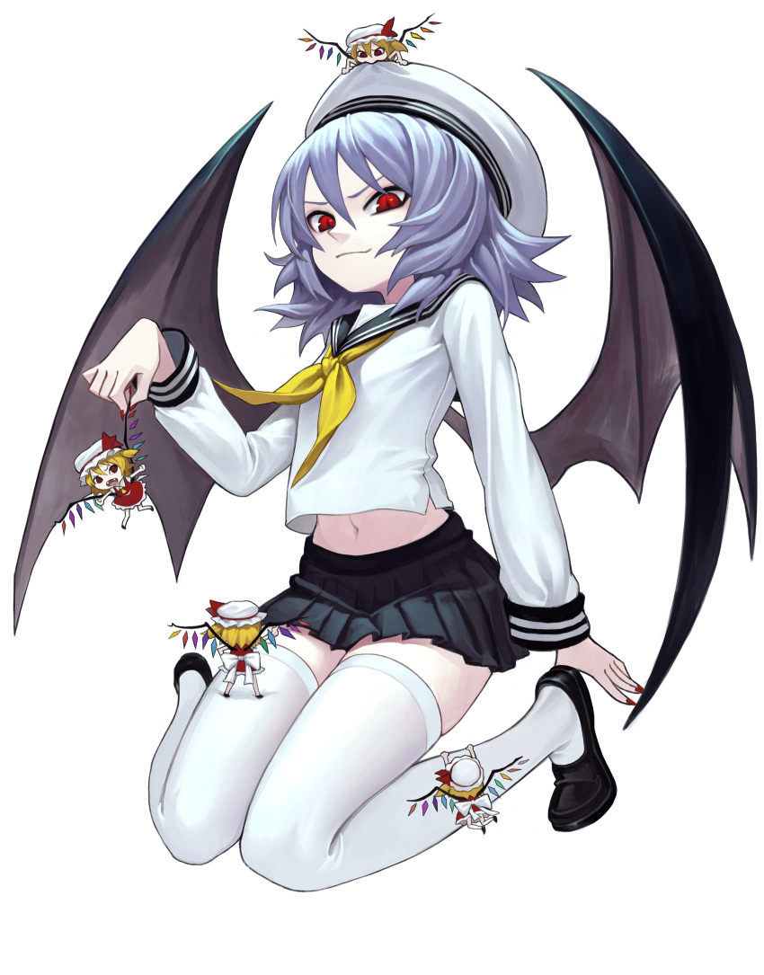 &gt;:) &gt;:o 5girls :o arms_up back bangs bat_wings biting black_shoes black_skirt black_wings blonde_hair blouse bow climbing clone closed_mouth collared_shirt crystal fangs fingernails fkey flandre_scarlet flat_chest four_of_a_kind_(touhou) full_body hair_between_eyes hand_on_hip hat hat_ribbon highres holding legs_apart looking_at_viewer minigirl miniskirt mob_cap multiple_girls nail_polish navel neckerchief no_pupils on_head one_side_up open_mouth outstretched_arms pale_skin person_on_head picking_up pleated_skirt red_eyes red_nails red_skirt red_vest remilia_scarlet ribbon sailor_hat school_uniform serafuku sharp_fingernails shirt shoes short_hair short_sleeves silver_hair simple_background sitting skirt skirt_set slit_pupils smile spread_arms standing stomach striped thigh-highs touhou vest w_arms wariza white_background white_blouse white_bow white_hat white_shirt wings zettai_ryouiki