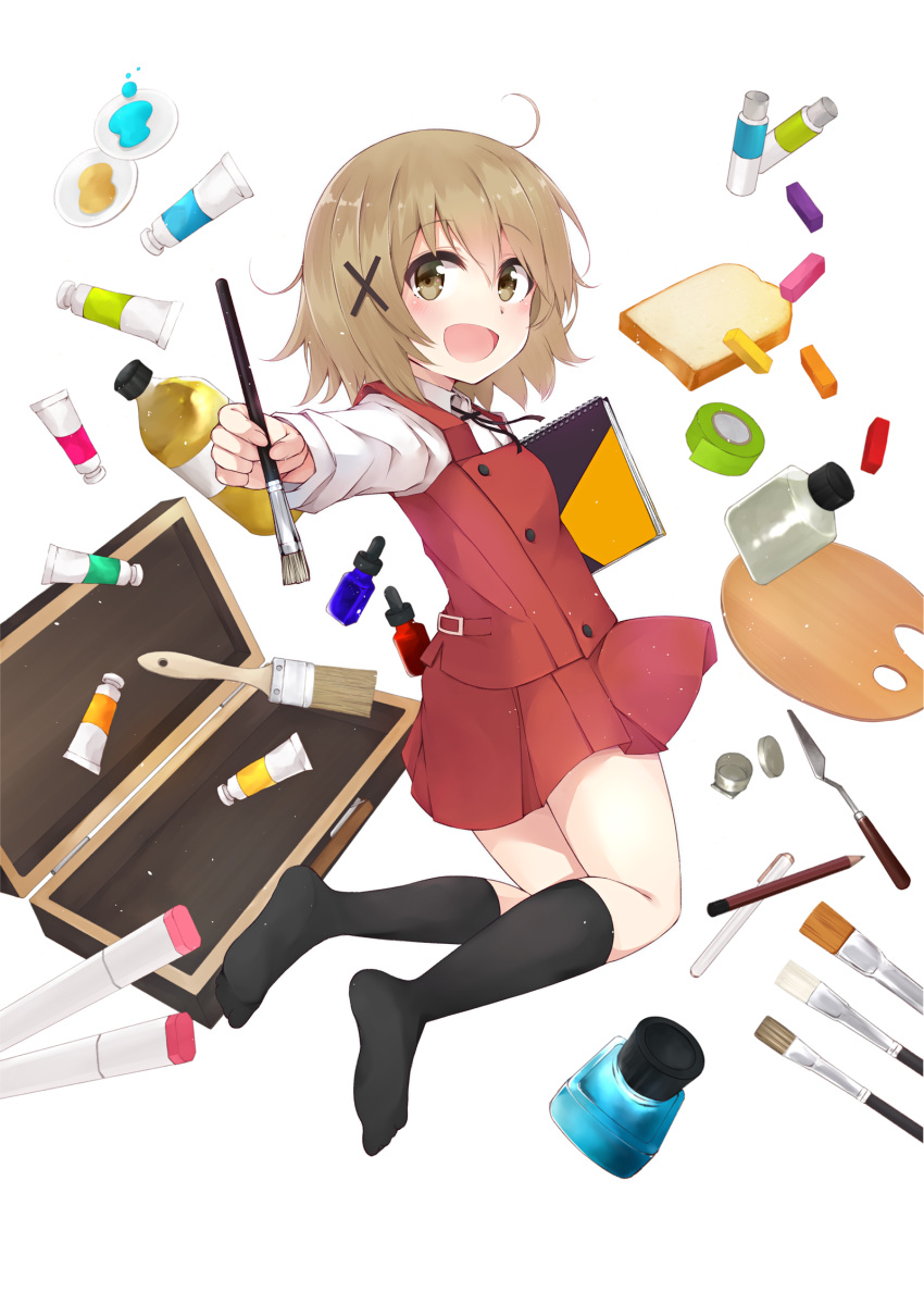 1girl :d black_legwear blush bolo_tie bottle bread brown_eyes brown_hair case colis_(regunm772) collared_shirt eyebrows_visible_through_hair food from_side full_body hair_between_eyes hair_ornament hidamari_sketch highres holding_paintbrush inkwell kneehighs legs_up long_sleeves looking_at_viewer no_shoes open_mouth outstretched_arm paint paintbrush palette pastel pen pencil pleated_skirt red_skirt red_vest school_uniform shirt sketchbook skirt smile solo vest white_shirt wing_collar x_hair_ornament yuno