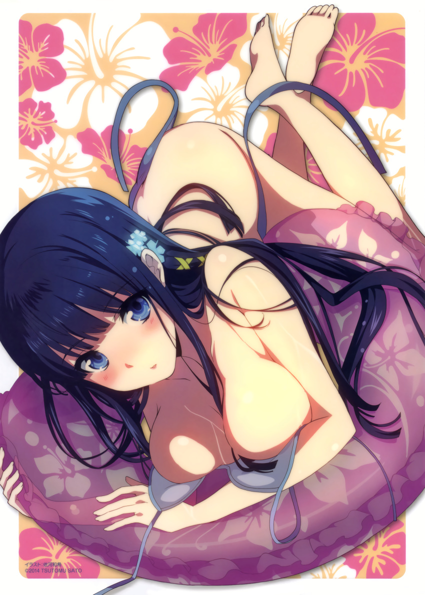 1girl :o absurdres bangs bare_legs barefoot bikini bikini_pull blue_bikini blue_eyes blue_hair blunt_bangs blush breasts cleavage hair_ornament hair_ribbon highres innertube large_breasts long_hair looking_at_viewer lying mahouka_koukou_no_rettousei parted_lips ribbon scan shiba_miyuki side-tie_bikini solo swimsuit untied untied_bikini wet