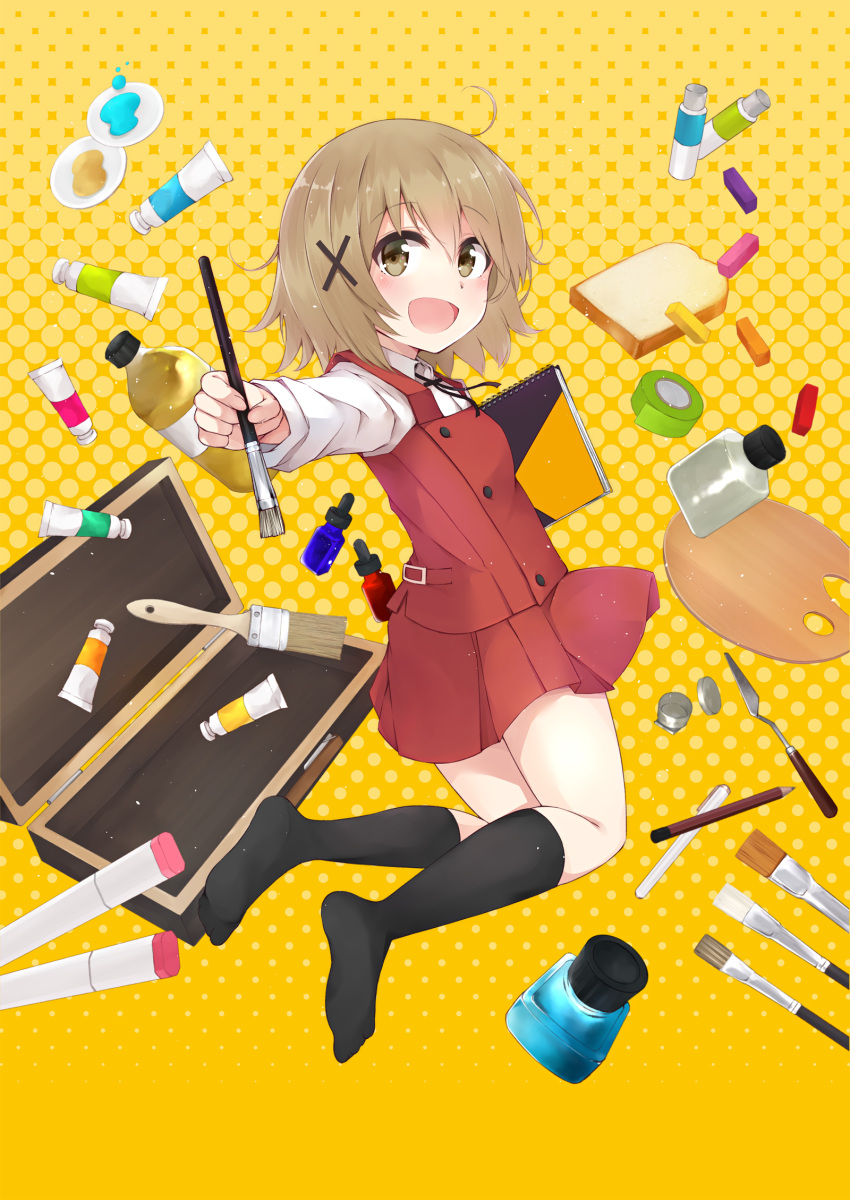 1girl :d black_legwear blush bolo_tie bottle bread brown_eyes brown_hair case colis_(regunm772) collared_shirt eyebrows_visible_through_hair food from_side full_body hair_between_eyes hair_ornament halftone halftone_background hidamari_sketch highres holding_paintbrush inkwell kneehighs legs_up long_sleeves looking_at_viewer no_shoes open_mouth outstretched_arm paint paintbrush palette pastel pen pencil pleated_skirt red_skirt red_vest school_uniform shirt sketchbook skirt smile solo vest white_shirt wing_collar x_hair_ornament yellow_background yuno
