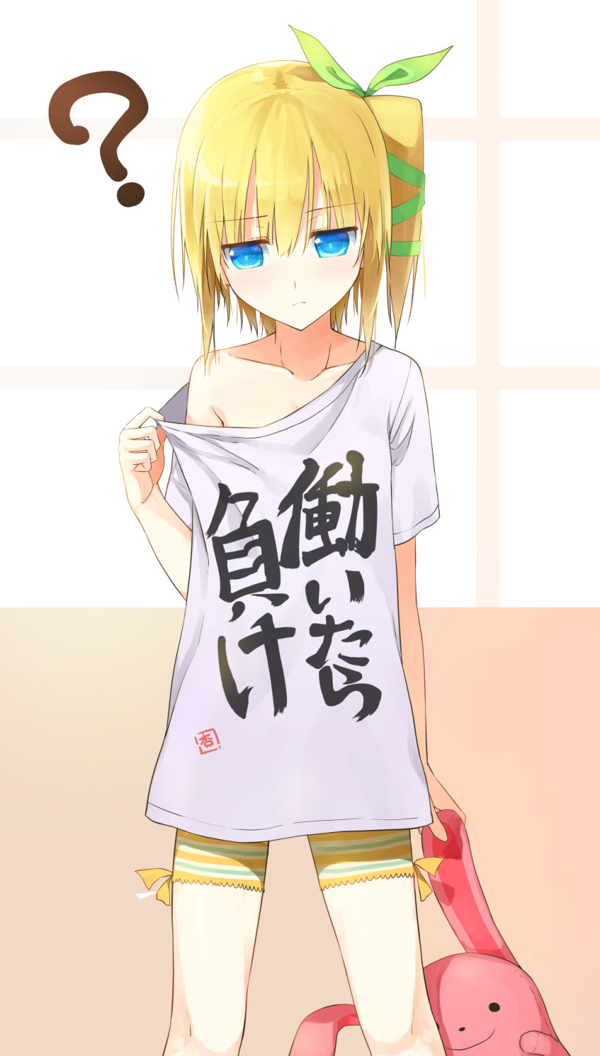 1girl ? akitaka_(pixiv12739753) blonde_hair blue_eyes clothes_writing collarbone cosplay dress_shirt edna_(tales) futaba_anzu futaba_anzu_(cosplay) green_ribbon hair_ribbon highres holding idolmaster off_shoulder one_side_up ribbon shirt short_hair solo stuffed_animal stuffed_bunny stuffed_toy t-shirt tales_of_(series) tales_of_zestiria you_work_you_lose