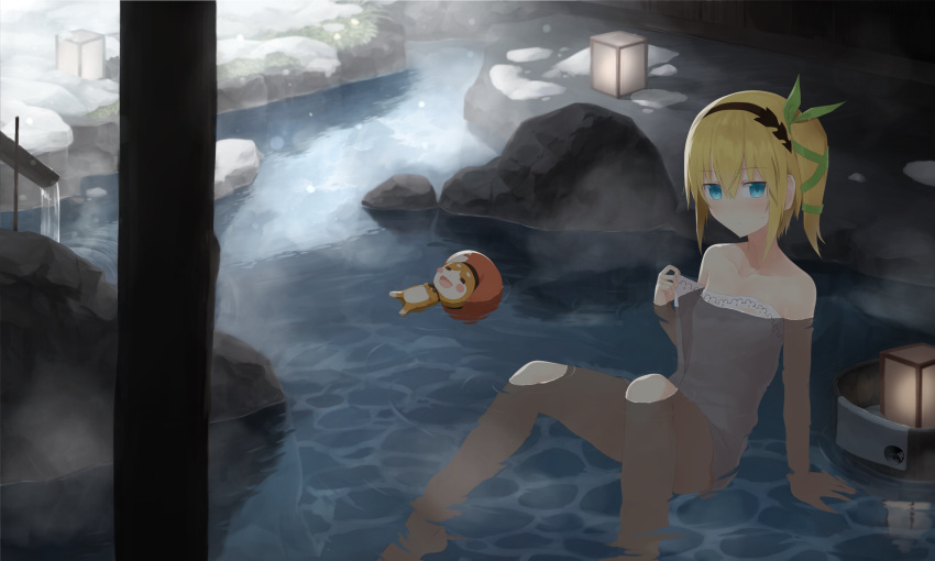1girl akitaka_(pixiv12739753) black_hairband blonde_hair blue_eyes collarbone edna_(tales) flat_chest green_ribbon hair_ribbon hairband highres naked_towel one_side_up onsen partially_submerged ribbon short_hair solo tales_of_(series) tales_of_zestiria towel water