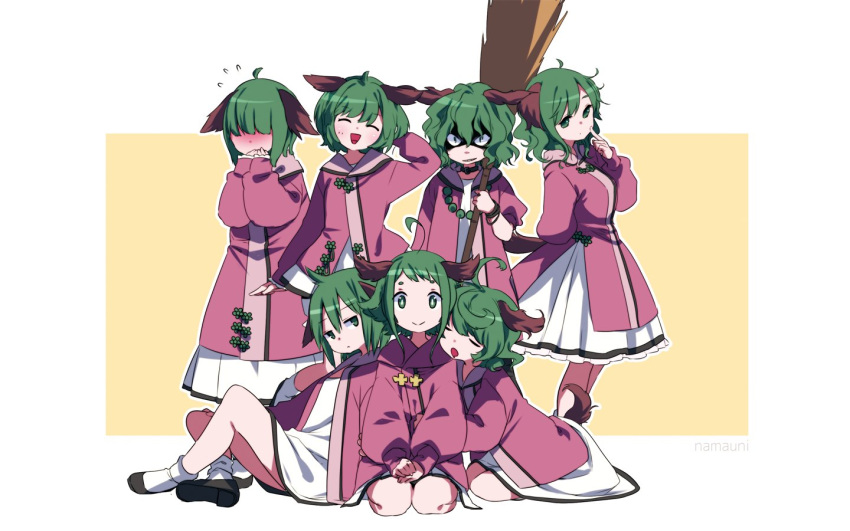 6+girls :d ^_^ ahoge alternate_breast_size alternate_hairstyle animal_ears bamboo_broom bangs beads blunt_bangs blush breasts broom chemise closed_eyes covered_eyes dog_ears dog_tail dress evil_grin evil_smile expressionless finger_to_cheek flat_chest flying_sweatdrops full-face_blush green_eyes green_hair grin hand_behind_head hood hoodie jitome kasodani_kyouko long_sleeves medium_breasts messy_hair multiple_girls multiple_persona namauni open_mouth oversized_clothes pink_dress prayer_beads seiza shaded_face short_eyebrows short_hair shy simple_background sitting skirt sleeping smile tail touhou two-tone_background wavy_hair white_background yellow_background