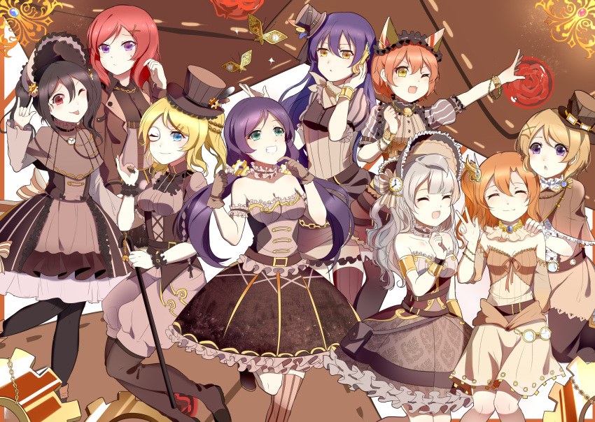 6+girls absurdres animal_ears ayase_eli black_hair black_legwear blonde_hair blue_eyes blue_hair breasts cat_ears cleavage closed_eyes dress fake_animal_ears gloves green_eyes grey_gloves hair_ornament hand_on_another's_shoulder hat headphones high_ponytail highres hoshizora_rin koizumi_hanayo kousaka_honoka long_hair love_live! love_live!_school_idol_festival love_live!_school_idol_project minami_kotori mini_hat monocle multiple_girls nishikino_maki one_eye_closed pantyhose redhead short_hair sonoda_umi strapless strapless_dress striped striped_legwear toujou_nozomi twintails v violet_eyes xinghuo yazawa_nico