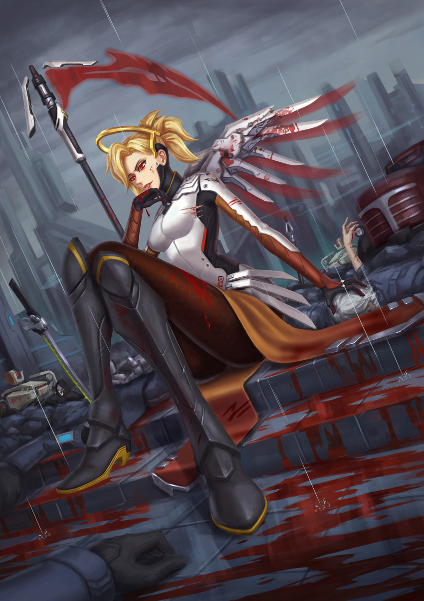 1girl 2boys alternate_weapon alternate_wing_color bastion_(overwatch) blood blood_on_face bloody_clothes bodysuit breasts brilliant_naraku brown_legwear city clouds cloudy_sky commentary_request corpse dark_persona death dutch_angle evil foreshortening full_body glowing glowing_eyes greaves hair_tie hand_on_another's_head high_ponytail highres injury katana knees_together_feet_apart legs_crossed licking looking_away mechanical_halo mechanical_wings medium_breasts mercy_(overwatch) multiple_boys nose outdoors overwatch pantyhose parted_lips pelvic_curtain planted_sword planted_weapon rain reaper_(overwatch) red_eyes red_wings reinhardt_(overwatch) scythe short_hair sitting sky slit_pupils solo_focus staff stairs sword tongue tongue_out weapon white_hair wings