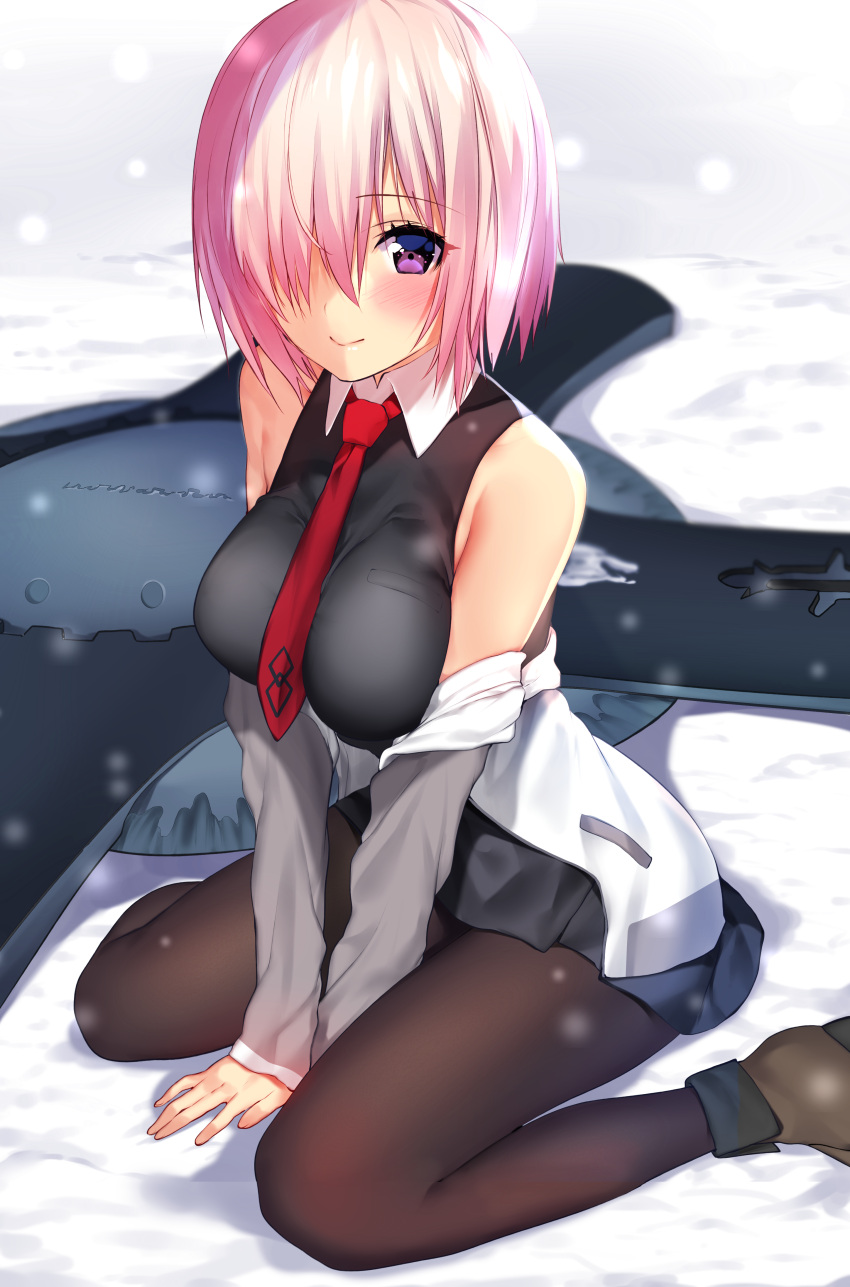 1girl absurdres ankle_boots arm_support bare_shoulders between_legs black_dress black_legwear blush boots breast_pocket breasts brown_boots closed_mouth dress eyelashes fate/grand_order fate_(series) hair_over_one_eye hand_between_legs highres jacket long_sleeves looking_at_viewer matarou_(genkai_toppa) necktie off_shoulder on_ground one_eye_covered open_clothes open_jacket pantyhose pink_hair pocket purple_hair red_necktie shadow shield shielder_(fate/grand_order) shiny shiny_hair short_dress short_hair sitting sleeveless sleeveless_dress smile snowing solo v_arms violet_eyes wariza winter