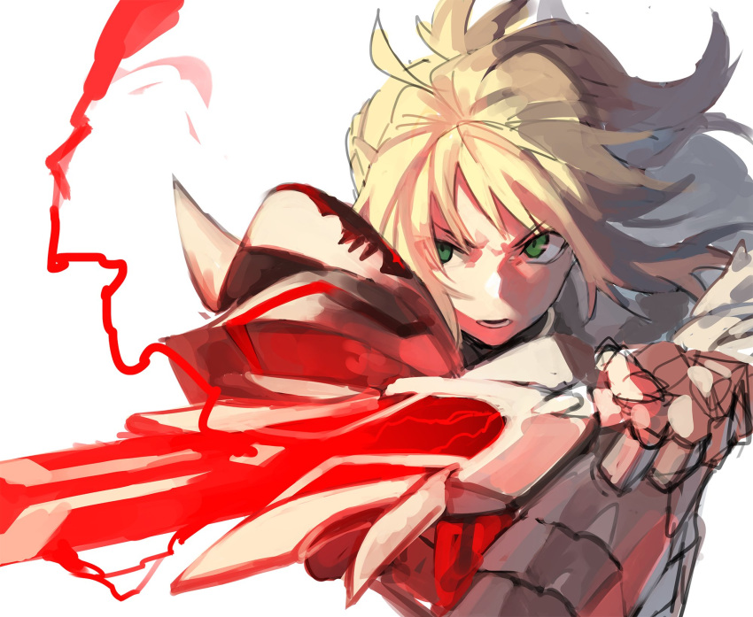 1girl armor azuki_(azuki-taste) blonde_hair clarent fate/apocrypha fate/grand_order fate_(series) green_eyes highres long_hair ponytail saber_of_red solo sword weapon