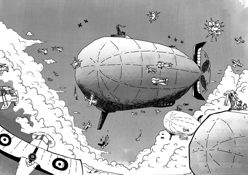 aerial_battle aircraft airplane battle clouds comic commentary dirigible dogfight explosion greyscale mecha_to_identify monochrome original setz sky turret world_war_i zeppelin