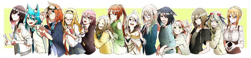 6+girls ;) absurdres amamizu_seri animal_ears antenna_hair bare_shoulders black_hair blonde_hair blue_eyes borrowed_character braid breasts brown_hair cat_ears character_request cleavage crossover detached_sleeves dog_ears double_v earrings elf forehead french_braid glasses goggles goggles_on_head green_eyes green_hair grin hair_bobbles hair_bun hair_ornament hairband hairclip hand_on_another's_shoulder height_difference heterochromia highres hug hug_from_behind jewelry long_hair long_image medium_breasts minako_(minamoto) mole mole_under_eye multiple_girls nail_polish necktie one_eye_closed open_mouth orange_hair original paw_pose pink-framed_eyewear pointy_ears ponytail red-framed_eyewear red_eyes ribbed_sweater school_uniform semi-rimless_glasses short_hair silver_hair small_breasts smile steepled_fingers sweatdrop sweater thick_eyebrows turtleneck under-rim_glasses v vice_(kuronekohadokoheiku) violet_eyes wide_image x_hair_ornament