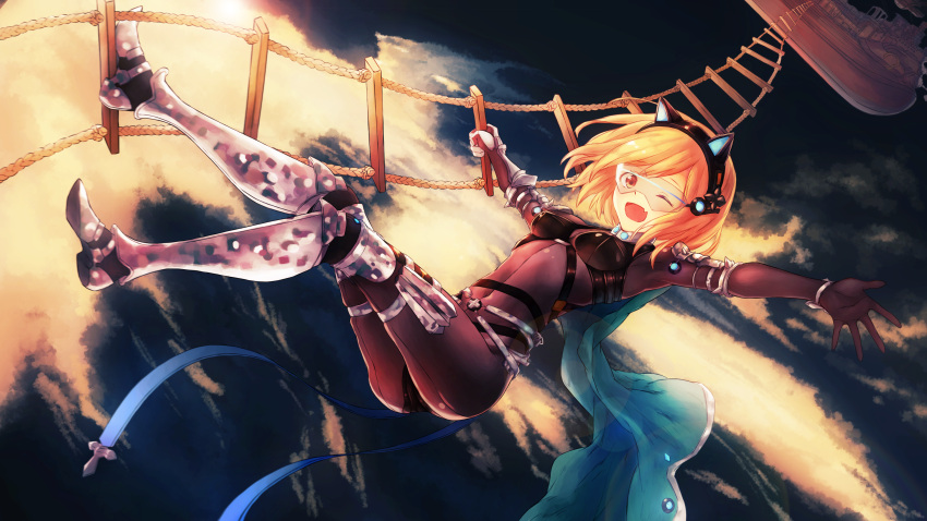 1girl ;d aircraft animal_ears armor armored_boots ass bangs bikini_armor black_bodysuit blonde_hair blue_cape bodysuit boots breasts brown_eyes camouflage cape cat_ears clouds cover cover_page cross djeeta_(granblue_fantasy) dutch_angle eyebrows_visible_through_hair fake_animal_ears fang full_body glowing granblue_fantasy helicopter highres holding holster ladder lens_flare looking_at_viewer midair multiple_belts one_eye_closed open_hands open_mouth outdoors outstretched_arms palms rope short_hair sky small_breasts smile solo spaulders spread_arms spread_fingers sun swept_bangs thigh_holster vambraces visor wakaba_(945599620)