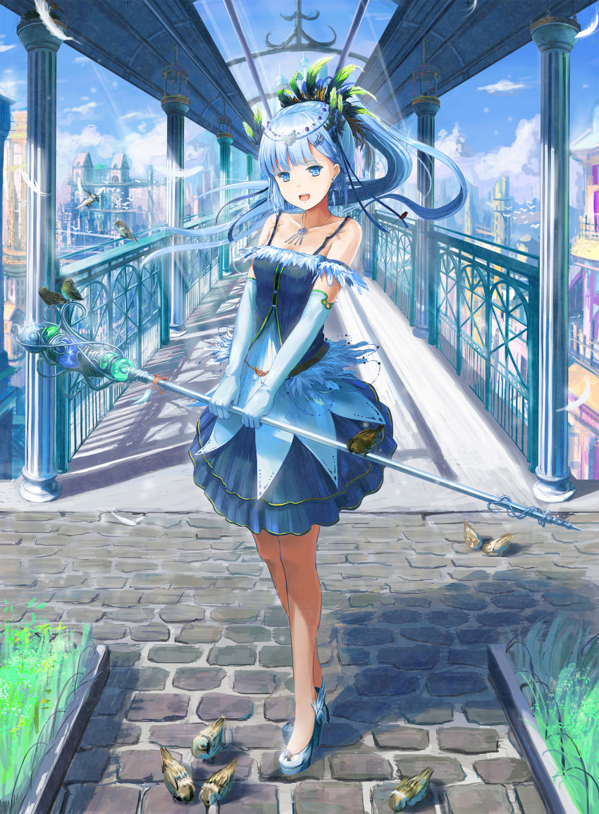 1girl :d absurdres bangs bare_shoulders bird blue_dress blue_gloves blue_hair blunt_bangs blush breasts collarbone day dress elbow_gloves fantasy feathers floating_hair full_body gloves hair_feathers hair_ornament highres holding holding_staff jewelry kyaro_(kyaro54) long_hair looking_at_viewer open_mouth original outdoors pendant scenery shadow small_breasts smile solo staff standing sunlight v_arms