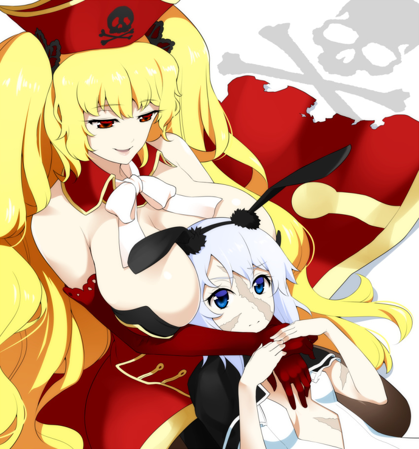 2girls animal_ears anne_bonny_(fate/grand_order) blonde_hair blue_eyes bow breast_pillow breasts cleavage cleavage_cutout commentary_request detached_collar dress elbow_gloves fate/grand_order fate_(series) gloves hair_ribbon hairband hat highres hug hug_from_behind kneeling large_breasts long_hair lying mary_read_(fate/grand_order) mattari_yufi multiple_girls on_back open_mouth pirate_hat rabbit_ears red_dress red_eyes ribbon scar short_sleeves silver_hair skull_and_crossbones small_breasts smile twintails white_background