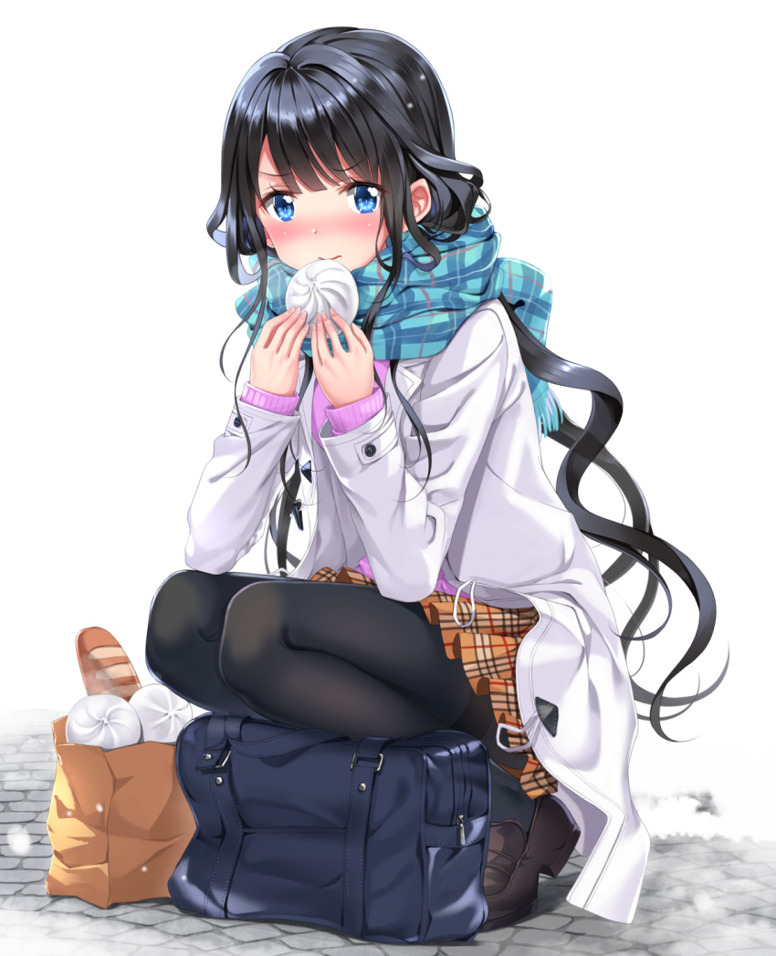 1girl adagaki_aki bag baozi black_hair blue_eyes blush bread buttons food grocery_bag highres holding jacket long_hair looking_at_viewer masamune-kun_no_revenge pantyhose plaid plaid_scarf plaid_skirt pleated_skirt scarf school_bag school_uniform shoes shopping_bag sidelocks skirt snow snowing solo squatting steam swordsouls