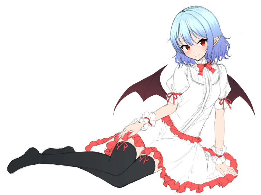 1girl alternate_costume arm_support bat_wings black_legwear blue_hair blush bow bowtie dress frills full_body head_tilt junior27016 looking_at_viewer no_shoes pointy_ears puffy_short_sleeves puffy_sleeves red_bow red_bowtie red_eyes remilia_scarlet ribbon short_hair short_sleeves simple_background sitting smile solo thigh-highs touhou white_background white_dress wings wrist_cuffs yokozuwari