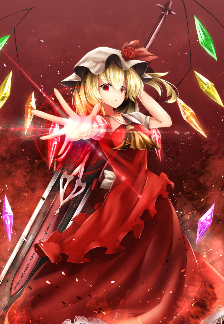 1girl :o adapted_costume alternate_breast_size blonde_hair breasts cravat crystal embers flandre_scarlet flower glowing glowing_hand hand_behind_head hat hat_flower hat_ribbon highres impossible_clothes impossible_shirt latin looking_at_viewer medium_breasts mob_cap open_hand outstretched_hand puffy_short_sleeves puffy_sleeves red_background red_eyes red_rose ribbon rose shirt short_hair short_sleeves side_ponytail sinkai skirt skirt_set solo sword touhou weapon wings