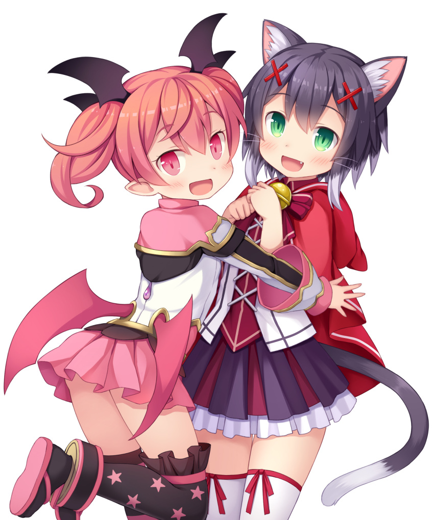 2girls absurdres animal_ears blush cat_ears cat_tail crossover demon_girl emelia_pris fang from_behind hair_ornament head_wings highres long_hair looking_at_viewer looking_back low_wings monmusume-harem multicolored_hair multiple_girls namaru_(summer_dandy) official_art open_mouth pink_eyes pink_hair pointy_ears pop-up_story purple_hair shayna_(monmusume-harem) short_hair skirt smile succubus tail thigh-highs twintails two-tone_hair whiskers white_hair white_legwear wings x_hair_ornament