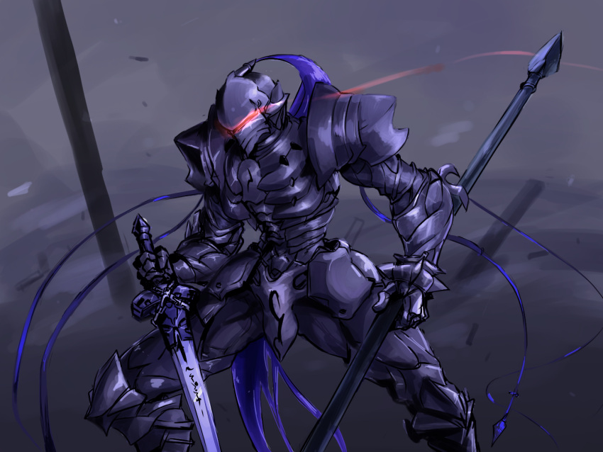 1boy armor armored_dress arondight berserker_(fate/zero) black_armor black_background breastplate commentary_request depo_(typebaby505) fate/zero fate_(series) full_armor gauntlets glowing glowing_eye greaves helmet holding holding_sword holding_weapon knight male_focus pauldrons signature solo sword weapon