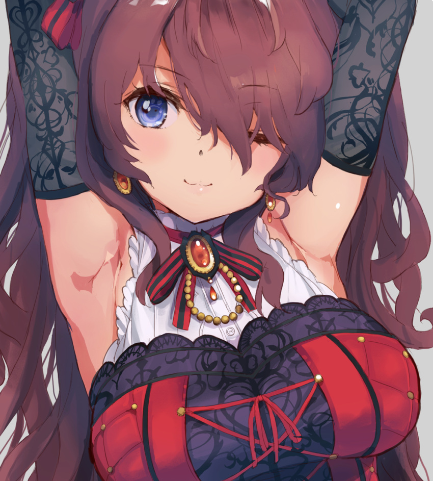 1girl ;3 armpits blue_eyes blush breasts brown_hair buttons earrings gloves hair_ribbon hands_up high_collar highres ichinose_shiki idolmaster idolmaster_cinderella_girls jewelry lace lace-up_top lace_gloves long_hair looking_at_viewer neck_ribbon ribbon simple_background smile solo tetsujin_momoko upper_body