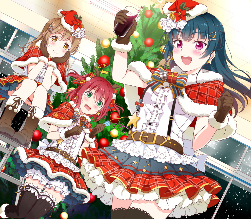 3girls antlers bangs black_legwear blue_hair blush brown_eyes brown_hair capelet christmas christmas_tree cup drinking_glass fake_antlers gloves green_eyes hair_bun highres indoors kunikida_hanamaru kurosawa_ruby long_hair looking_at_viewer love_live! love_live!_sunshine!! multiple_girls one_eye_closed redhead reindeer_antlers santa_costume smile thigh-highs tipii tsushima_yoshiko two_side_up violet_eyes zettai_ryouiki