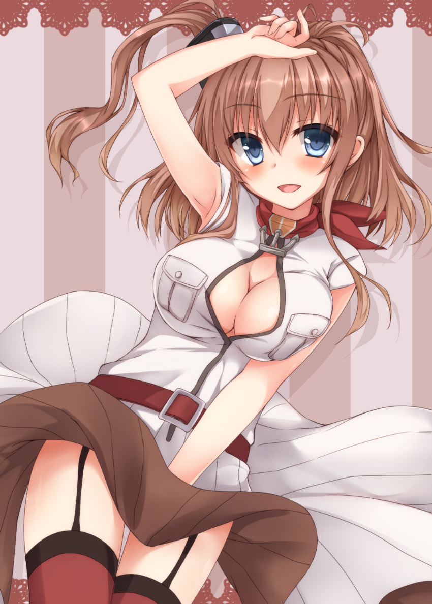 1girl arm_up armpits ascot blue_eyes blush breast_pocket breasts brown_hair cleavage cleavage_cutout cowboy_shot dress garter_straps hair_between_eyes hand_on_head highres kantai_collection long_hair looking_at_viewer lowell_(ouranoss2kanata) open_mouth pocket red_ascot red_legwear saratoga_(kantai_collection) side_ponytail sidelocks smile solo thigh-highs white_dress
