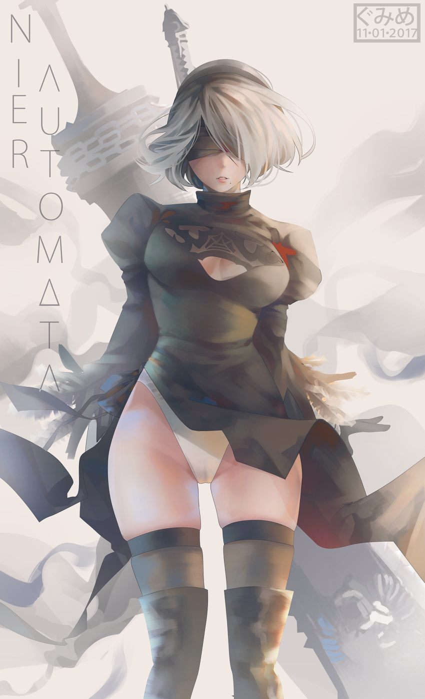 1girl absurdres black_dress black_gloves black_legwear blindfold boots cleavage_cutout copyright_name dated dress gloves hair_over_one_eye hairband highres megumi_cv mole mole_under_mouth nier_(series) nier_automata parted_lips puffy_short_sleeves puffy_sleeves short_hair short_sleeves silver_hair skindentation solo sword thigh-highs thigh_boots weapon white_leotard wind yorha_no._2_type_b