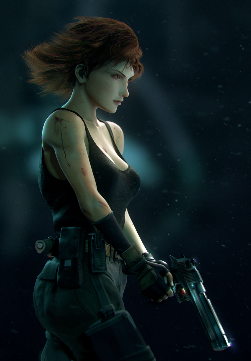 1girl black_gloves blood blood_splatter blue_eyes breasts brown_hair cargo_pants cleavage combat_knife desert_eagle eyebrows fingerless_gloves from_side gloves gun handgun highres holster knife large_breasts lips meryl_silverburgh metal_gear_(series) metal_gear_solid mismatched_gloves no_bra nose pants serious short_hair solo tank_top thigh_holster thigh_pouch trigger_discipline weapon wen_jr