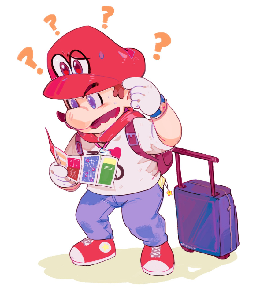 1boy ? backpack bag blue_eyes brown_hair cappy_(mario) confused eyebrows facial_hair full_body gloves hat heart highres holding male_focus map mario super_mario_bros. mmairo mustache nintendo nintendo_ead pants power_star scratching_head shirt short_sleeves standing super_mario_bros. super_mario_odyssey sweat watch
