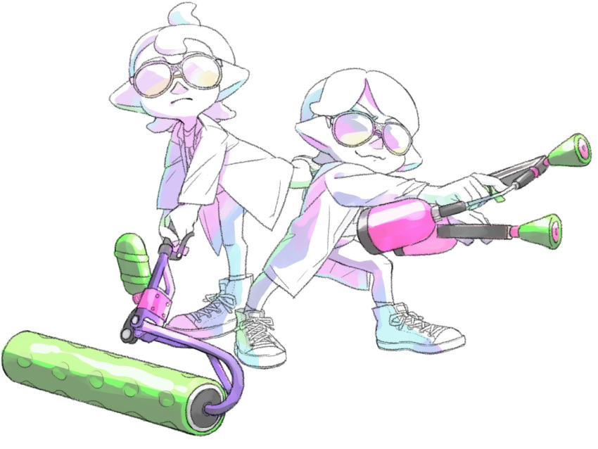 2boys amano_yuusuke commentary highres inkling labcoat male_focus multiple_boys nogami_hisashi official_style pants pointy_ears pose real_life shoes short_hair shorui simple_background smile sneakers splat_dualies_(splatoon) splat_roller_(splatoon) splatoon splatoon_2 sunglasses tentacle_hair white_background